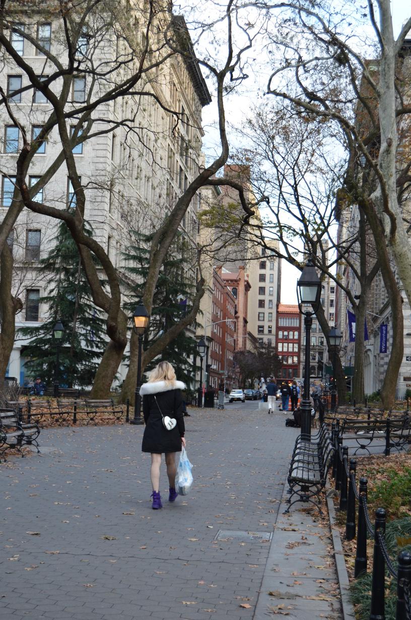 Tyttö kävelee kadulla puistomaisella alueella New Yorkissa